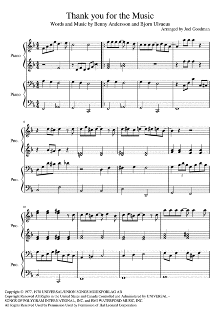 Free Sheet Music Thank You For The Music Piano Duet 4 Hands 1 Piano