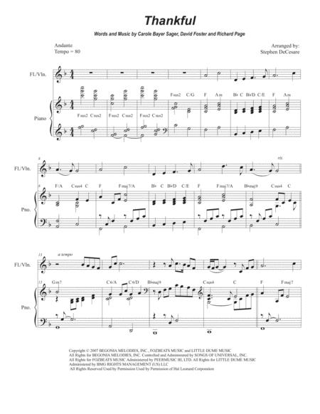Free Sheet Music Thankful For Flute Or Violin Solo And Piano