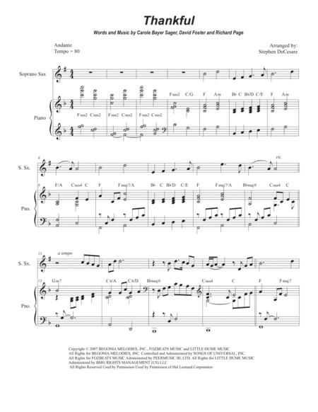 Free Sheet Music Thankful For Soprano Saxophone And Piano