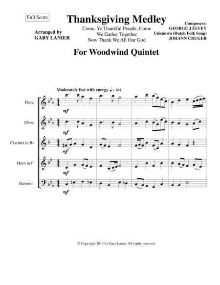 Thanksgiving Medley Woodwind Quintet Score And Instrument Parts Sheet Music