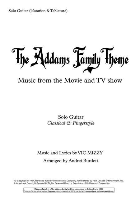 The Addams Family Theme Easy Solo Guitar Sheet Music