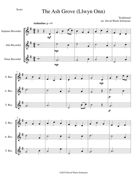 The Ash Grove Llwyn Onn For Recorder Trio Soprano Alto Tenor Sheet Music