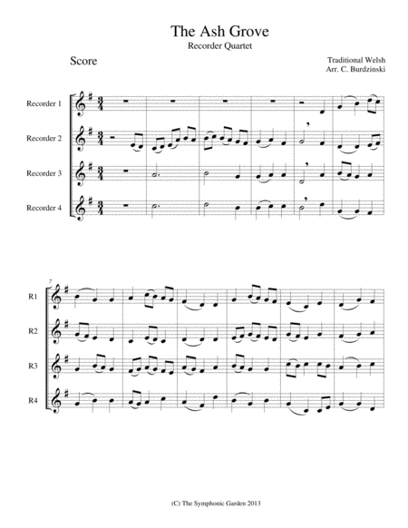 Free Sheet Music The Ash Grove Recorder Or Flute Quartet