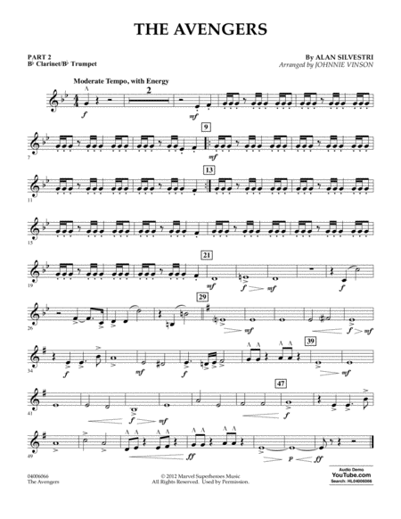 Free Sheet Music The Avengers Arr Johnnie Vinson Pt 2 Bb Clarinet Bb Trumpet