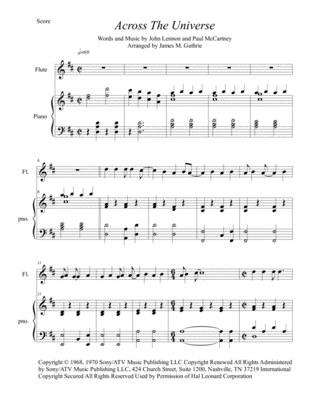 Free Sheet Music The Beatles Across The Universe For Flute Piano
