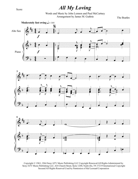 Free Sheet Music The Beatles All My Loving For Alto Sax Piano