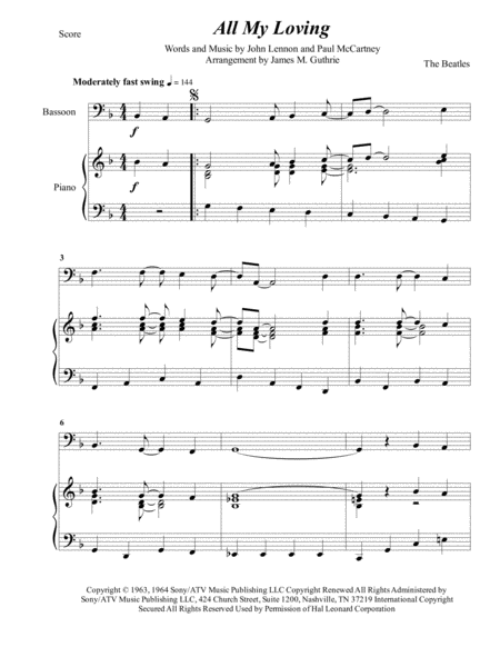 The Beatles All My Loving For Bassoon Piano Sheet Music