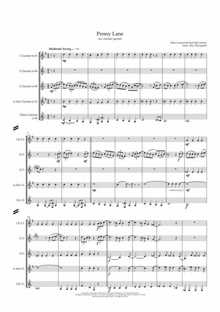 Free Sheet Music The Beatles Penny Lane Clarinet Quintet