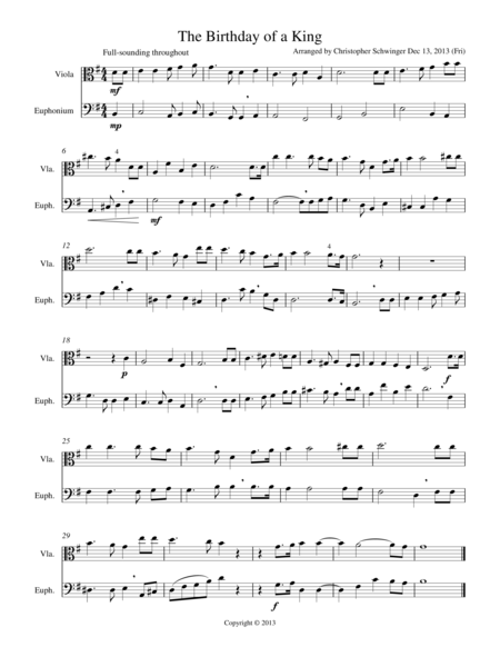 The Birthday Of A King Duet For Viola Euphonium Or French Horn Sheet Music