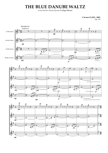 The Blue Danube Waltz For Clarinet Quartet Sheet Music