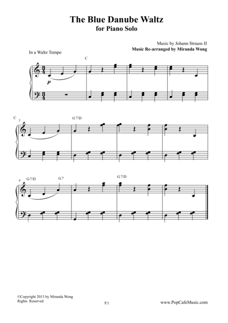 Free Sheet Music The Blue Danube Waltz In C Key Piano Solo