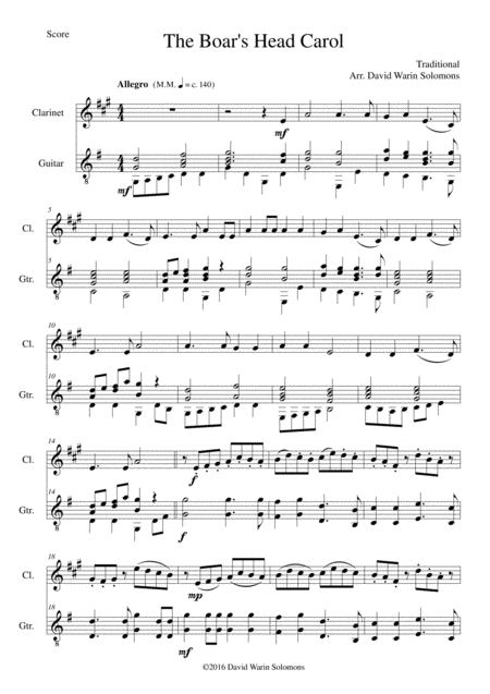 The Boars Head Carol For Clarinet And Guitar Sheet Music