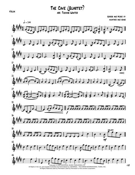 The Cave Mumford And Sons String Quartet Trio Duo Or Solo Violin Sheet Music