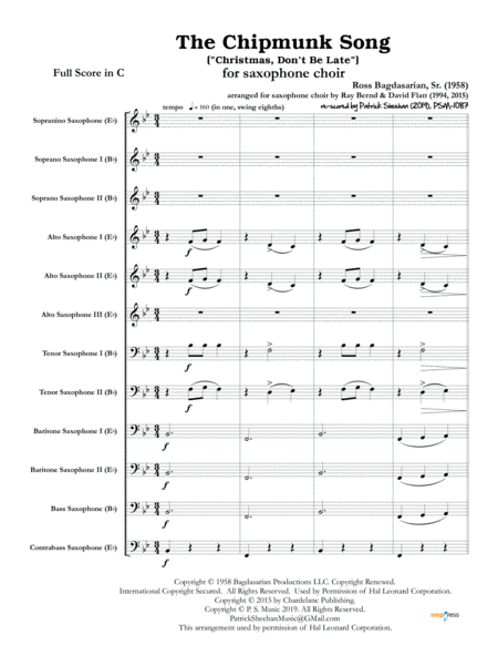 The Chipmunk Song Christmas Dont Be Late For Saxophone Choir Full Score Set Of Parts Sheet Music