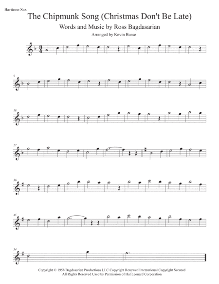 The Chipmunk Song Christmas Dont Be Late Original Key Bari Sax Sheet Music