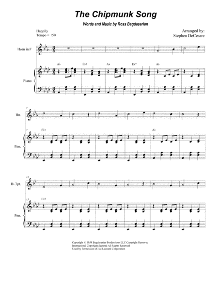 The Chipmunk Song Duet For Bb Trumpet And French Horn Sheet Music