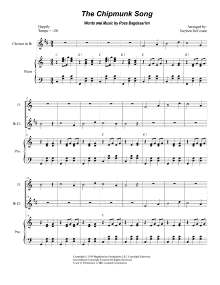 The Chipmunk Song Duet For Flute And Bb Clarinet Sheet Music