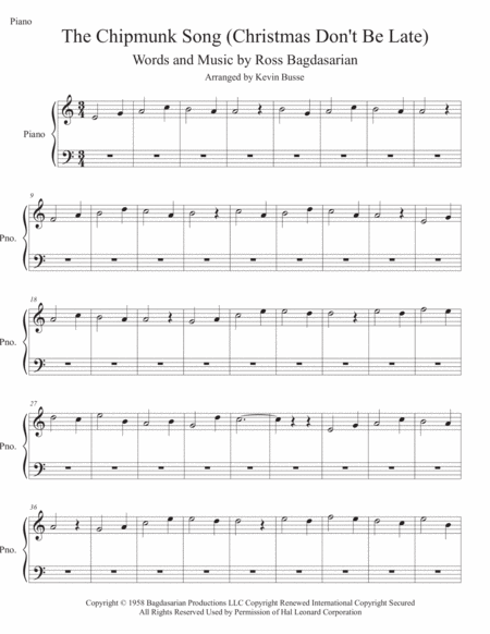Free Sheet Music The Chipmunk Song Easy Key Of C Piano