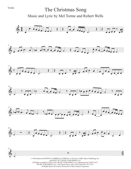 Free Sheet Music The Christmas Song Chestnuts Roasting On An Open Fire Easy Key Of C Violin