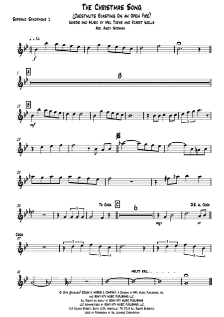 The Christmas Song Chestnuts Roasting On An Open Fire Sax Quintet Sheet Music