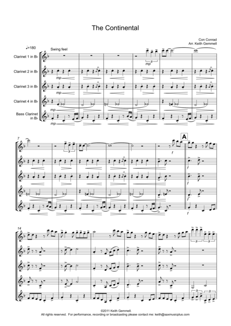 The Continental For Clarinet Quintet Sheet Music