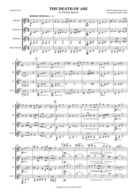 The Death Of Ase From Peer Gynt Suite No 1 For Clarinet Quartet Sheet Music