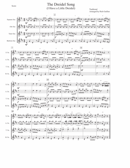 Free Sheet Music The Driedel Song For Saxophone Quartet Satb