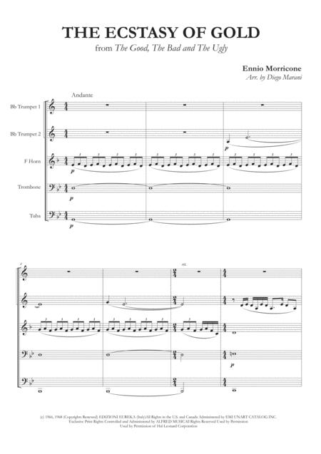 Free Sheet Music The Ecstasy Of Gold For Brass Quintet