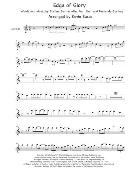 The Edge Of Glory Sax Solo Easy Key Of C Alto Sax Sheet Music