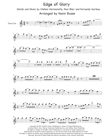 The Edge Of Glory Sax Solo Easy Key Of C Tenor Sax Sheet Music