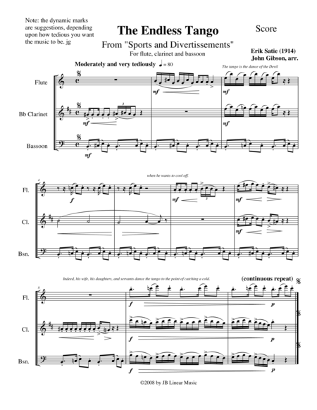 Free Sheet Music The Endless Tango By Erik Satie Set For Flute Clarinet And Bassoon Trio