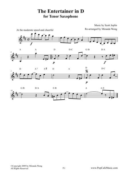 The Entertainer In D Tenor Or Soprano Saxophone Solo Sheet Music