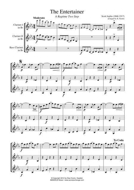 The Entertainer Ragtime Easy Abridged For Clarinet Trio Eb Major Sheet Music