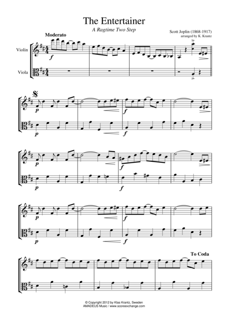 The Entertainer Ragtime Easy Abridged For Violin And Viola Sheet Music