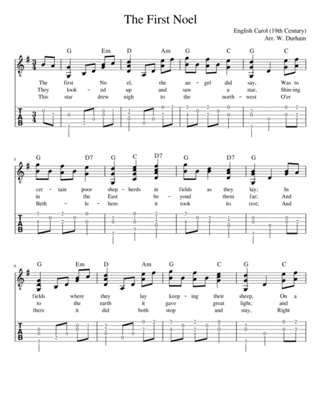 The First Noel Christmas Carol For Fingerstyle Guitar Tab Notation Lyrics Sheet Music