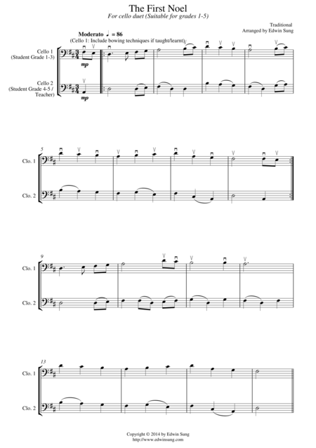 Free Sheet Music The First Noel For Cello Duet Suitable For Grades 1 5