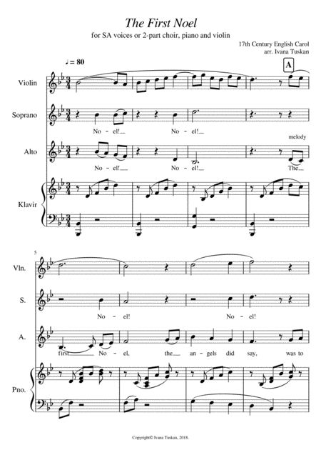 The First Noel For Sa Solo Voices Or 2 Part Choir Piano And Violin Sheet Music