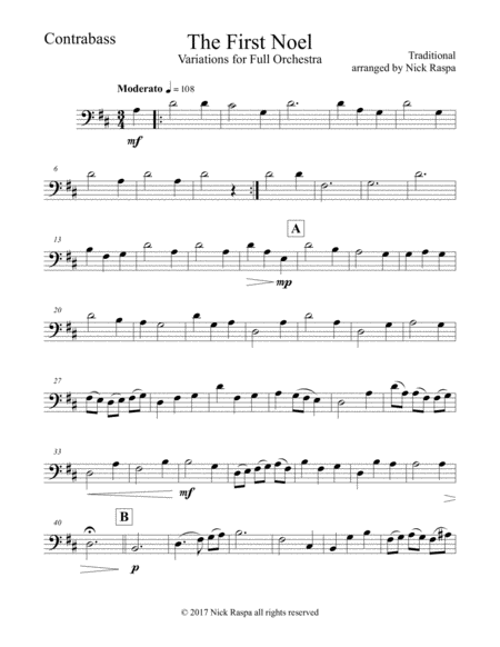 The First Noel Variations For Full Orchestra Contrabass Part Sheet Music