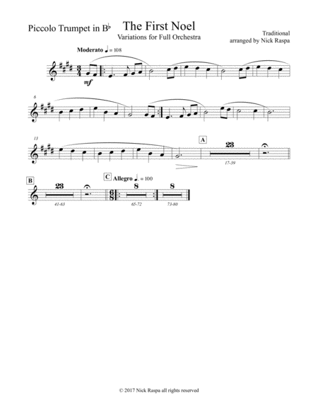 Free Sheet Music The First Noel Variations For Full Orchestra Piccolo Trumpet In B Flat Part