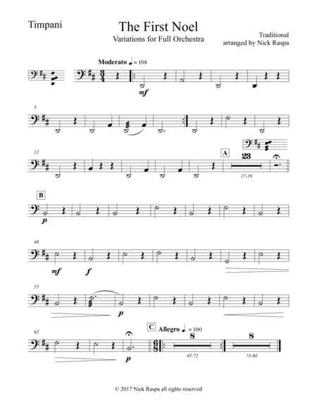 Free Sheet Music The First Noel Variations For Full Orchestra Timpani Part