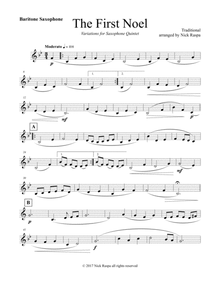 The First Noel Variations For Sax Quintet Bari Sax Part Sheet Music