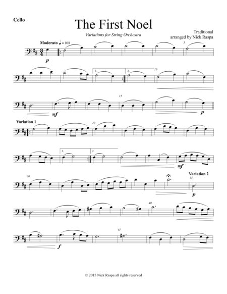 Free Sheet Music The First Noel Variations For String Orchestra Cello Part