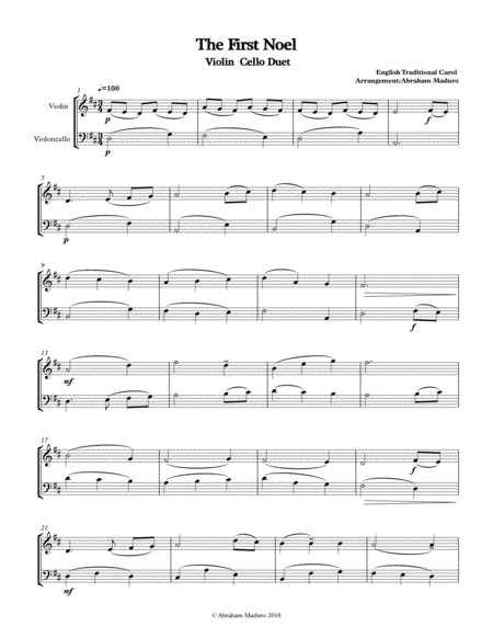 Free Sheet Music The First Noel Violin Cello Duet Two Tonalities Included