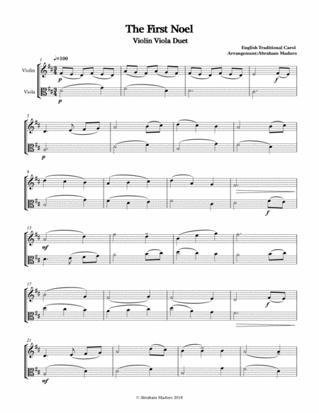 The First Noel Violin Viola Duet Two Tonalities Included Sheet Music