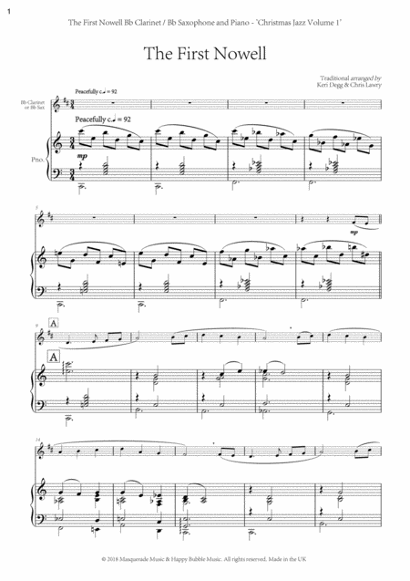 The First Nowell The First Noel A Shmooshy Jazz Arrangement For Bb Saxophone Or Bb Clarinet Piano Includes Free Access To Demo And Backing Tracks Sheet Music