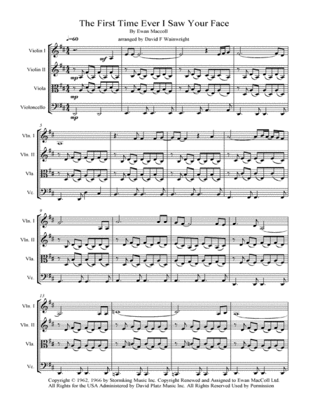 Free Sheet Music The First Time Ever I Saw Your Face Arranged For String Quartet With Score And Parts