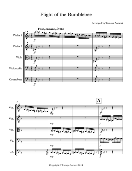 The Flight Of The Bumblebee Arranged For String Ensemble Orchestra Quintet By Tomoya Aomori Score And Parts Sheet Music