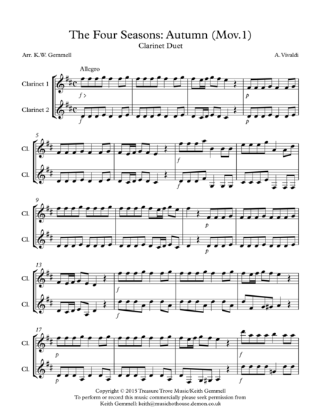 The Four Seasons Autumn Mov 1 Clarinet Duet Sheet Music