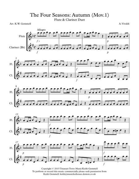 Free Sheet Music The Four Seasons Autumn Mov 1 Flute Clarinet Duet