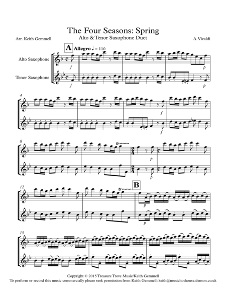 Free Sheet Music The Four Seasons Spring Alto Tenor Sax